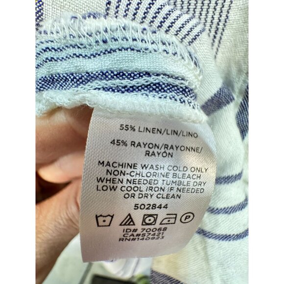 Loft Womens Linen Blend Button Up Shirt Size L White Blue Striped Casual Summer - Picture 3 of 12